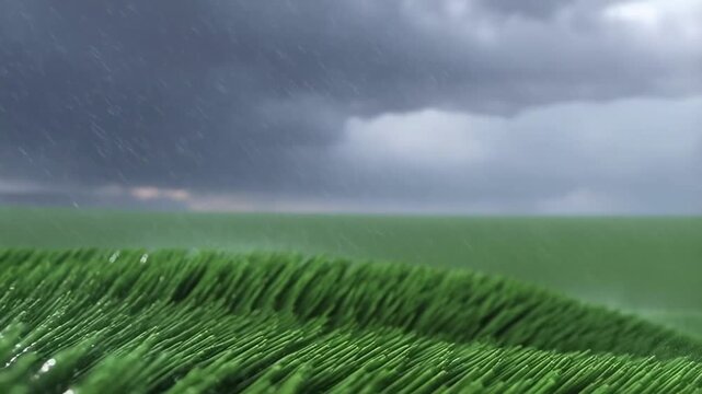 Rolling grass in rainstorm with approaching thunderclouds over open field