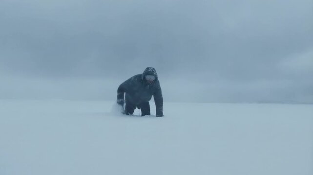 Determined explorer faces fierce snowstorm while crawling across arctic landscape