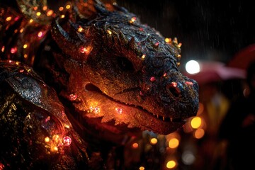 a massive, terrifying monster of the Lunar New Year, with dark, glistening scales and sharp fangs