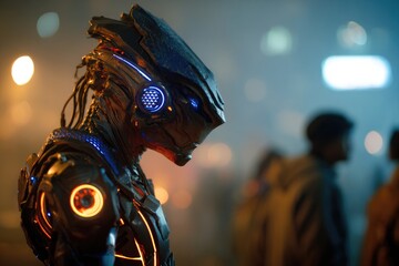 Dark Cyberpunk Creature with Glowing Implants at Night
