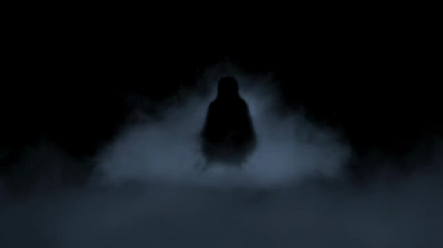 Mysterious silhouette emerges from a foggy darkness in dramatic night sequence