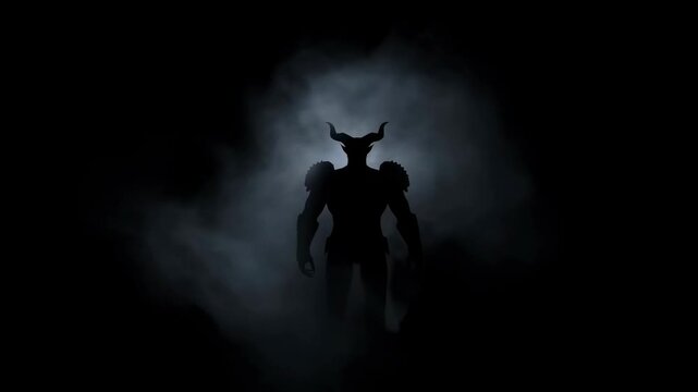 Mysterious horned figure emerges from shadows in dramatic mistfilled scene