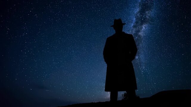 Mysterious silhouette under the starry night sky with the milky way