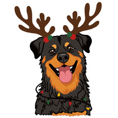 Christmas Rottweiler Dog with Reindeer Antlers and Holiday Lights on Transparent Background