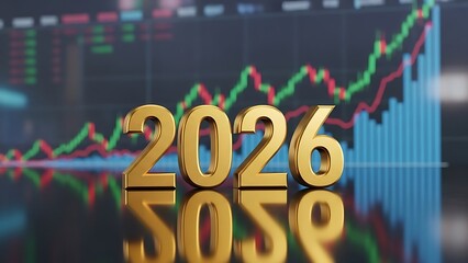 Shiny gold 2026 numbers on stock market graph background