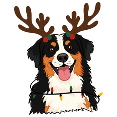 Christmas Bernese Mountain Dog with Reindeer Antlers and Holiday Lights on Transparent Background