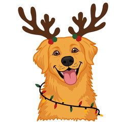 Christmas Golden Retriever Dog with Reindeer Antlers and Holiday Lights on Transparent Background