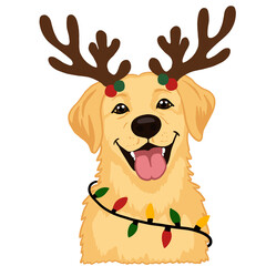 Christmas Labrador Retriever Dog with Reindeer Antlers and Holiday Lights on Transparent Background