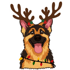 Christmas German Shepherd Dog with Reindeer Antlers and Holiday Lights on Transparent Background