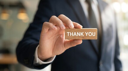 Businessman expressing gratitude with wooden thank you card