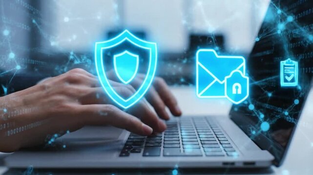 Cybersecurity and Data Protection Icons on Laptop Background