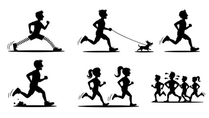 Fototapeta premium Fitness Activities Icon Set – Athletic People Running and Jogging Silhouettes, Outdoor Exercise, Physical Training and Healthy Lifestyle Vector Collection