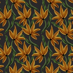 Seamless hand-painted floral pattern with stylized yellow flowers, green stems, and a clean black background, ideal for textiles, wallpapers, and surface design.