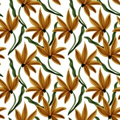 Seamless hand-painted floral pattern with stylized yellow flowers, green stems, and a clean white background, ideal for textiles, wallpapers, and surface design.