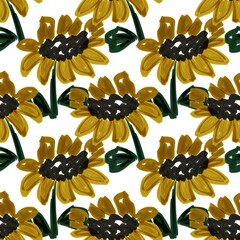 Иллюстрация без названияSeamless hand-painted sunflower pattern with expressive yellow petals, dark centers, and green leaves on a white background, ideal for textiles, wallpapers, and surface design.