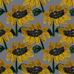Seamless hand-painted sunflower pattern with expressive yellow petals, dark centers, and green leaves on a grey background, ideal for textiles, wallpapers, and surface design.
