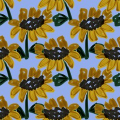 Seamless hand-painted sunflower pattern with expressive yellow petals, dark centers, and green leaves on a blue background, ideal for textiles, wallpapers, and surface design.