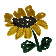 Hand-painted sunflower pattern with expressive yellow petals, dark centers, and green leaves on a white background, ideal for textiles, wallpapers, and surface design.