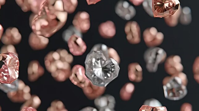 Abstract background of metallic particles, shimmering crystals, and geometric shapes with copper and silver tones