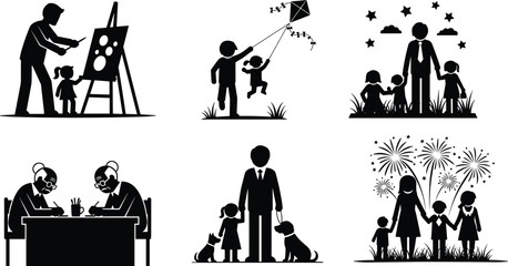Happy family silhouette collection, parents and children activities, art, play, learning, bonding, celebration, fatherhood, motherhood, childhood, love, togetherness, parenting, 