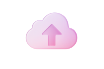 Frosted pink gradient glassmorphism cloud upload icon floating isolated on a clean white background for modern app UI design with soft light reflections.