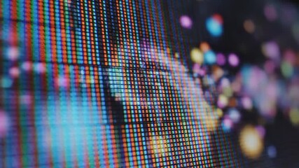 A mesmerizing closeup view of a vibrant digital screen displaying a complex grid of illuminated pixels showcasing the intricate technology behind modern visual communication and data representation w. - Powered by Adobe