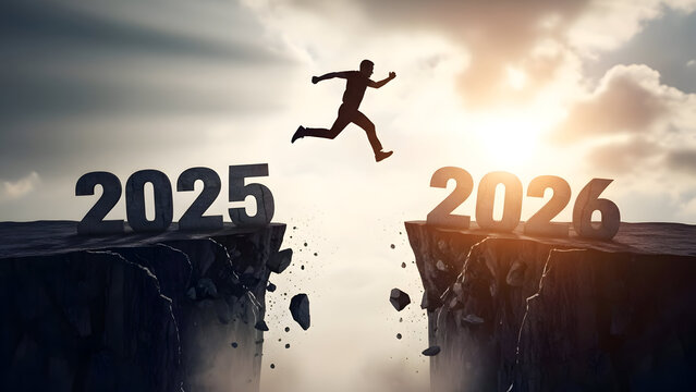 Dramatized transition from year 2025 to 2026 with a man jumping over a crumbling cliff edge and falling rocks for risk management and survival concept