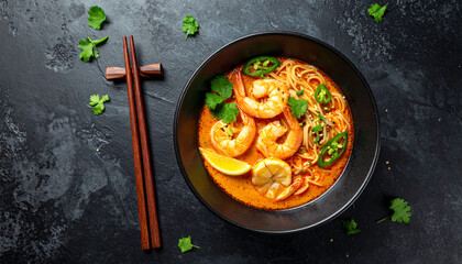 shrimp laksa soup on a dark background