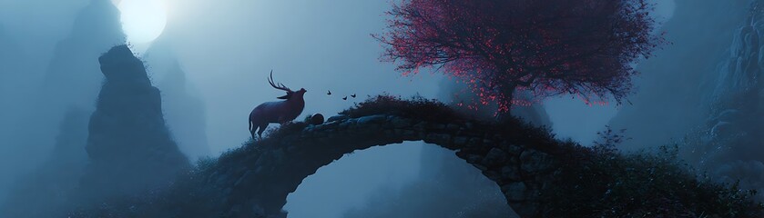 Majestic stag stands upon an ancient stone archway under ethereal moonlight.