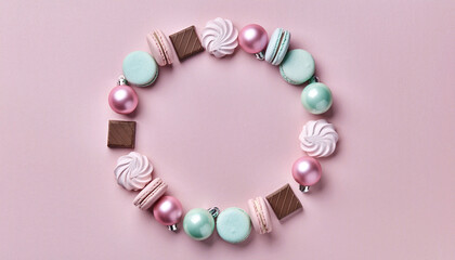 Obraz premium Festive Pastel Treats Flat Lay on Pink Background
