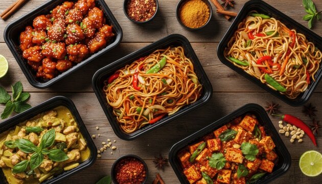Assorted takeaway containers filled with delicious asian cuisine including noodles and spicy tofu on rustic wooden table with fresh ingredients