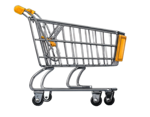 Side view of an empty metal shopping cart with yellow accents