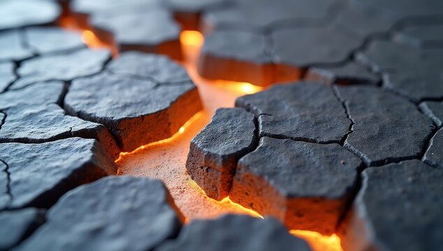 Dark cracked fragments resembling coal or scorched earth glowing orangered light seeping from fissures