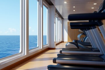 Bright seaside gym with a row of treadmills along large windows, revealing blue ocean and sky. Quiet ambiance