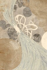 Abstract composition featuring flowing lines and textured circular elements against a muted background