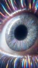 Extreme close up reveals intricate details within a blue human iris illuminated by spectral light effects