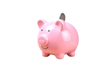 A smiling pink piggy bank gets a coin on a solid black backdrop