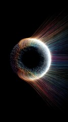Illuminated abstract circular structure emits bright multicolored energy streams against a deep black background