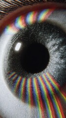Extreme close up captures vibrant spectral colors refracting across the surface of a human iris