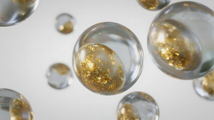Fototapeta premium Transparent spheres with golden glitter floating against a light background