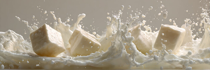 Dynamic splash of several white cubes plummeting into a pool of creamy white liquid, creating energetic ripples and frozen motion, ideal for food or abstract liquid concepts.