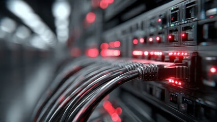 Connecting systems close-up of server cables in a data center analyzing digital infrastructure