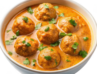 A vibrant, top-down view showcases a generous portion of Swedish meatballs simmered in a creamy, orange-hued sauce, garnished with fresh, bright green parsley, isolated on transparent background.