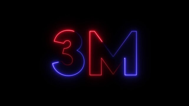 3m one million neon glowing text number animation, social media views counter -3m views 3M views text animation, 3m number 4k video animation.2M text animation on black background.