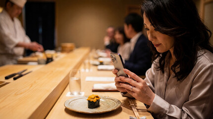 高級おまかせ寿司カウンターで料理を撮影する日本人女性