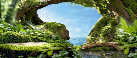 A mystical forest portal, draped in vibrant moss, frames a breathtaking seascape and beckons the viewer to explore the enchanting scene, evoking a sense of wonder and tranquility.