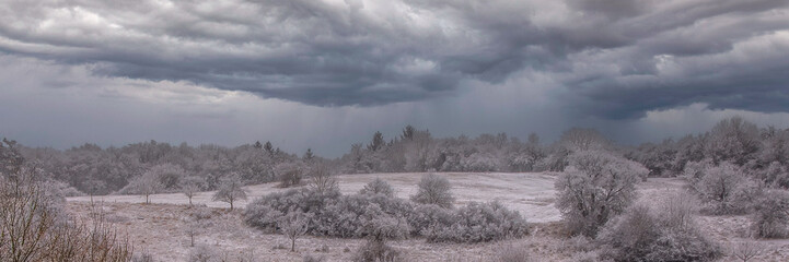 Dramatic storm clouds over frosted winter field and trees in cold landscape