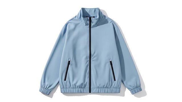 Full-zip light blue athletic jacket for men or women, featuring a smooth finish and isolated on white for catalogs.