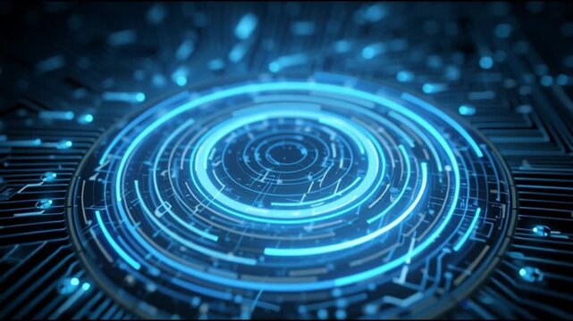 Futuristic blue circuit board with glowing concentric circles