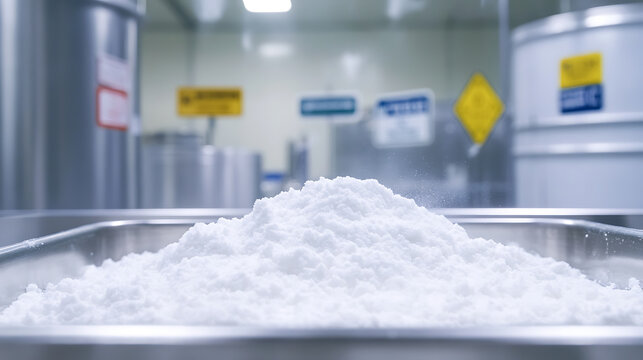 An image shows a laboratory setting with a tray full of white powder. In the background, stainless steel equipment and caution signs indicate a focus on precision and safety.